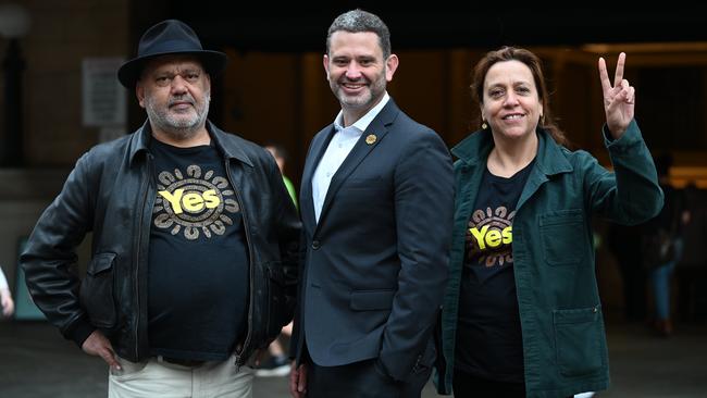 Noel Pearson, SA Aboriginal Affairs Minister Kyam Maher and movie director Rachel Perkins in Adelaide. Picture: NCA NewsWire / Naomi Jellicoe