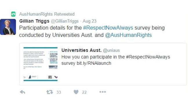 This tweet where the AHRC refers to the survey as also belonging to Universities Australia has been deleted after it was brought to their attention. So much for full independence. (Pic: Twitter)