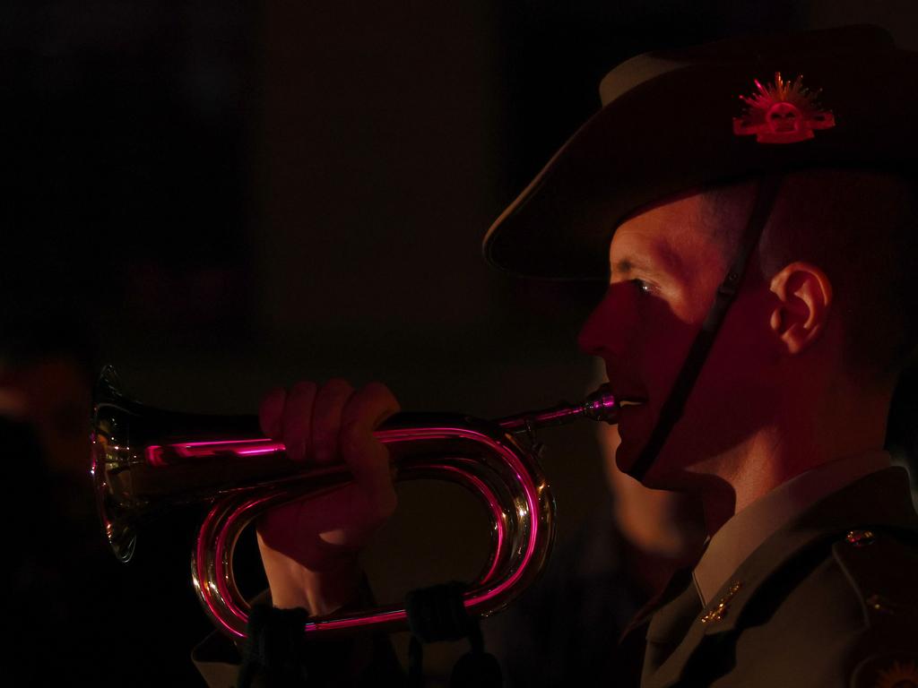 A soldier plays the Last Post during the ANZAC Day Dawn Service held in Brisbane. Picture: NCA NewsWire/Tertius Pickard