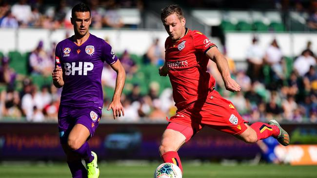 Adelaide United’s Ryan Kitto takes a shot at goal. Picture: James Worsfold/Getty Images