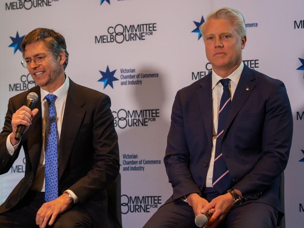 Lord Mayor Nick Reece (left) and Arron Wood traded barbs at the VCCI lord mayoral breakfast forum at Crown. Pic: Jessica Hooper