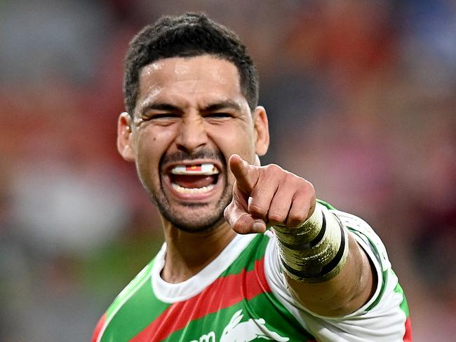 BRISBANE, AUSTRALIA - MAY 15: Cody Walker of the Rabbitohs celebrates scoring a try during the round 10 NRL match between the Cronulla Sharks and the South Sydney Rabbitohs at Suncorp Stadium, on May 15, 2021, in Brisbane, Australia. (Photo by Bradley Kanaris/Getty Images)