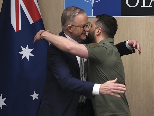 12-07-2023 - Prime Minister Anthony Albanese meets with President of Ukraine, Volodymyr Zelensky at the NATO Summit in Vilnius, Lithuania. Picture: Jacquelin Magnay / The Australian