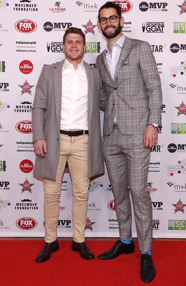 Magpies players Taylor Adams (left) and Brodie Grundy arrive during the AFL Players' MVP Awards in Melbourne, Picture: AAP