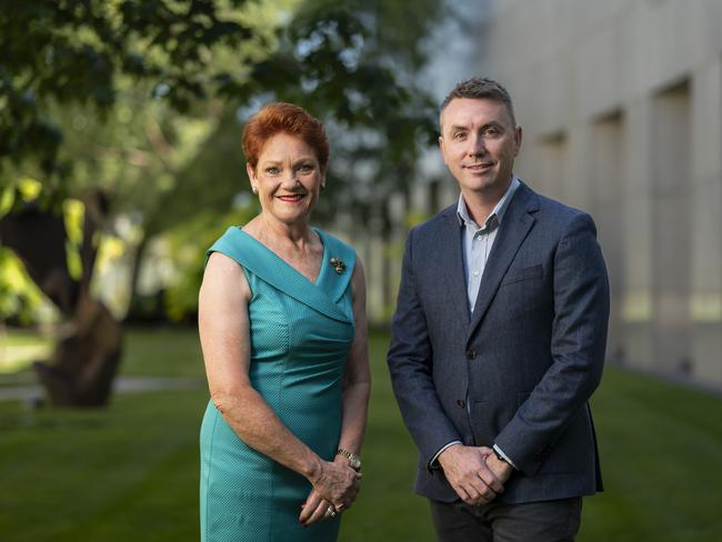 Senator Pauline Hanson and James Ashby, the Keppel candidate for Pauline Hanson's One Nation at Parliament House in Canberra. Picture: NCA NewsWire / Martin Ollman