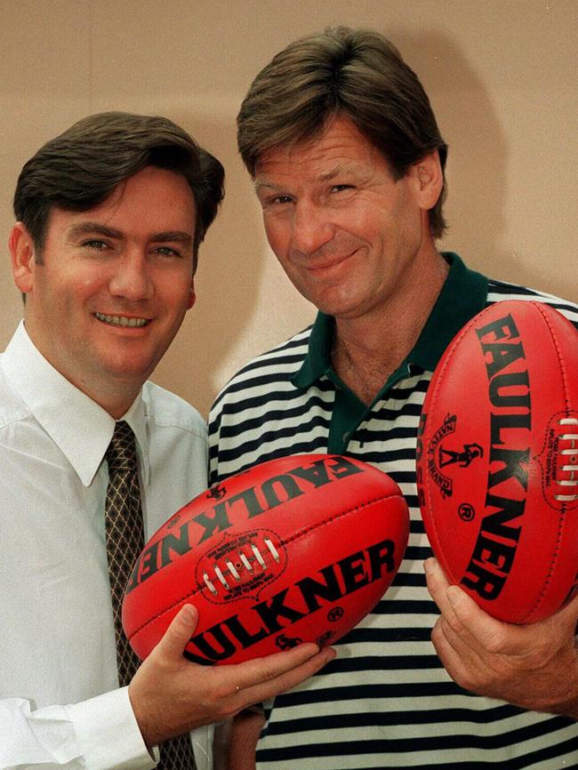 Eddie McGuire and Sam Newman on the ‘Footy Show’ in 1997. Picture: Channel 9