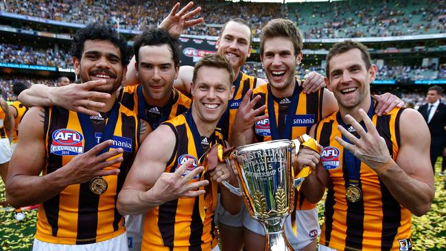 Four time premiership Hawks (from left Cyril Rioli, Jordan Lewis, Sam Mitchell, Jarryd Roughead, Grant Birchall and Luke Hodge after the 2015 Grand Final. Picture: Wayne Ludbey