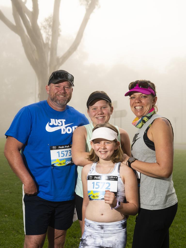 Neil and Katrina Wood with their daughters Josie (front) and Reagan at Peak2Park 2022, Sunday, April 3, 2022. Picture: Kevin Farmer