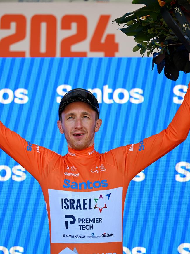 Stephen Williams of United Kingdom and Team Israel celebrates as overall race winner during the 24th Santos Tour Down Under in 2024. Picture: Tim de Waele/Getty Images)