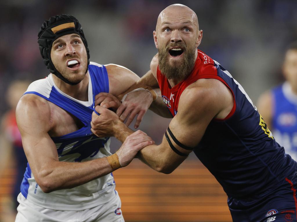 Gawn battles in a ruck contest with Tristan Xerri. Picture: Michael Klein