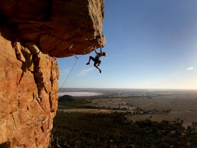 26/04/2016 Bec Hopkins ascends the climb named "Kachoong" at Mt Arapiles in Western Victoria. Arapiles has become one of the most popular rock climbing locations in Australia.David Geraghty / The Australian