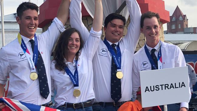 Tom Grimes, far right, sister Jess, second from left and crewmates after winning the Youth Match Racing world title.