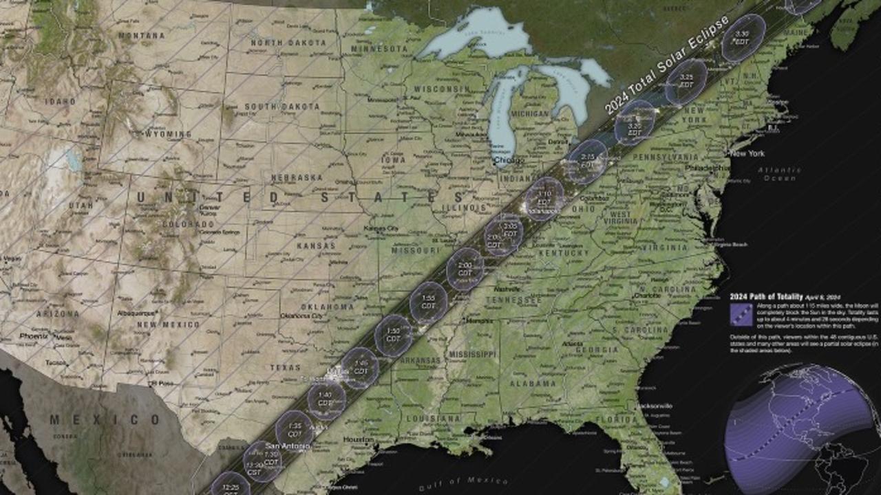 The path of the April 8 solar eclipse in America. NASA will host a livestream of the event beginning at 1am in Perth, 2.30am in SA and the NT and 3am in NSW, Queensland, Victoria and Tasmania. Picture: NASA's Scientific Visualisation Studio