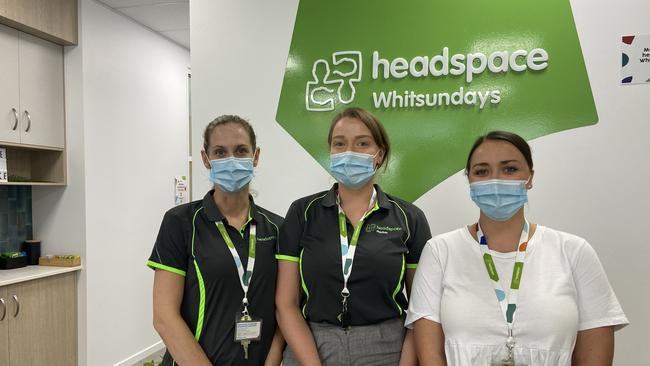 headspace Whitsundays youth clinician Georgia Sykes, youth and community engagement officer Kristy Crothers, and clinical receptionist Shiraz Lakey at the opening of the new centre in Proserpine on Monday, January 31, 2022. Picture: Kirra Grimes