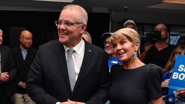 Prime Minister Scott Morrison and former deputy leader Julie Bishop at the West Australian Liberal Party campaign rally. Picture: AAP