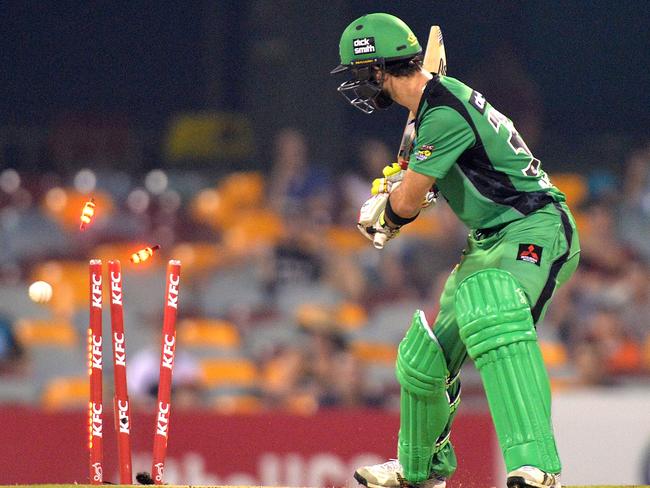 Glenn Maxwell stares in disbelief at his broken stumps after leaving the ball to be clean bowled.