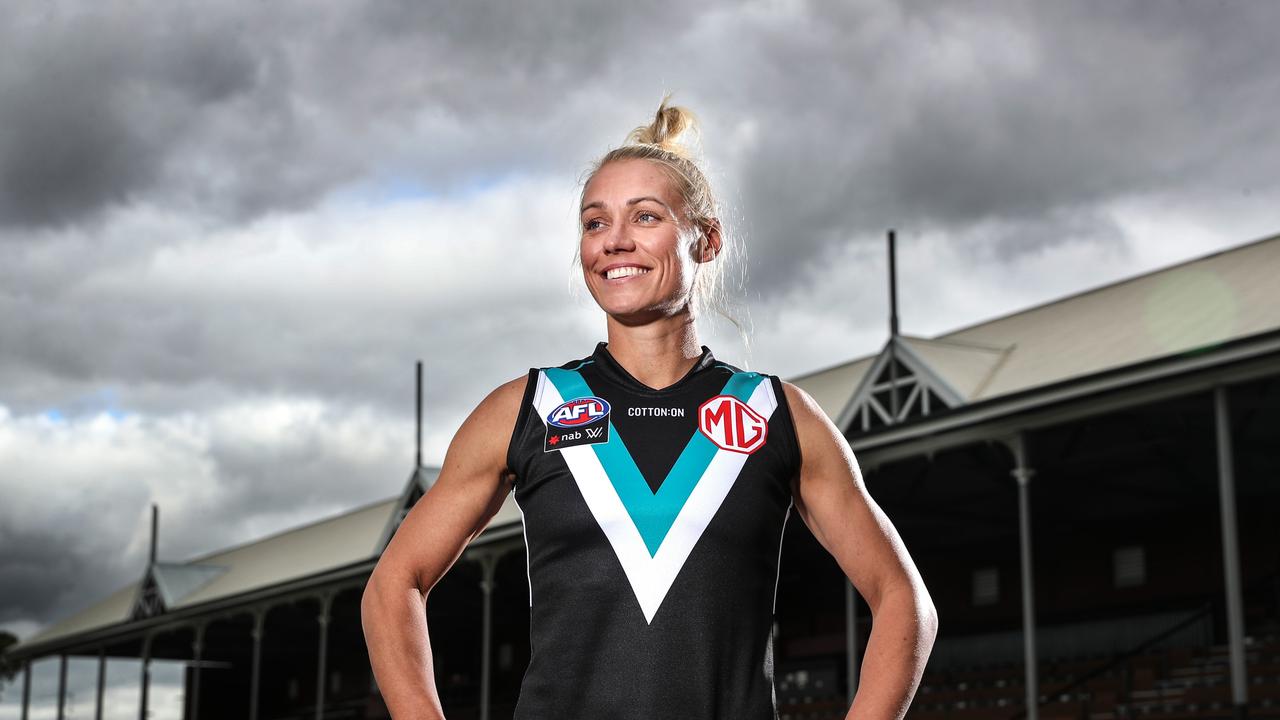 ADELAIDE, AUSTRALIA - APRIL 27: Erin Phillips after signing with Port Adelaide for their upcoming inaugural AFLW season, at Alberton Oval on April 27, 2022 in Adelaide, Australia. (Photo by Sarah Reed/Getty Images)