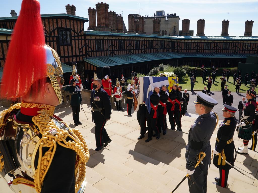 The pallbearers carry the coffin of Prince Philip, Duke Of Edinburgh into St George's chapel. Picture: Arthur Edwards-WPA Pool/Getty Images