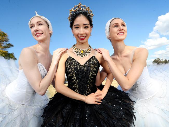 Queensland Ballet dancers Lisa Edwards, Neneka Yoshida and Georgia Swan. Picture: Tara Croser.