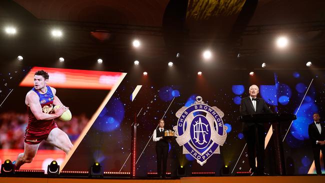 AFL Chairman Richard Goyder presents the 2023 Brownlow Medal. Picture: Michael Willson/AFL Photos via Getty Images