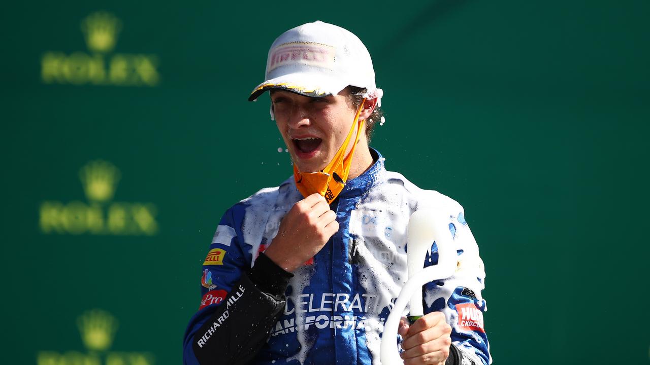 Lando Norris screamed and swore with joy. (Photo by Mark Thompson/Getty Images)