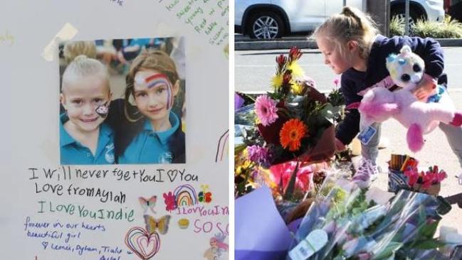 The message left for Indie Armstrong by her friend Aylah Gilbertson, and right, Aylah leaving flowers at the site.