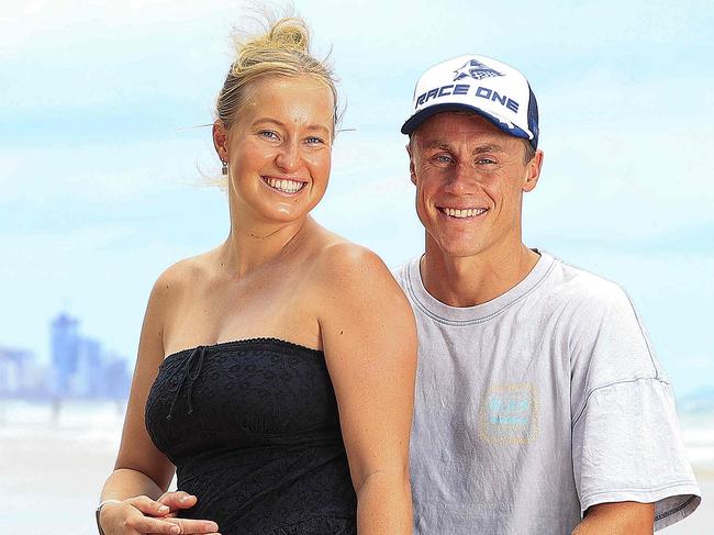 Ironman competitor Matt Bevilacqua and his partner Brielle showing off her baby bump ahead of round 2 of the Ironman series this weekend. Pics Adam Head