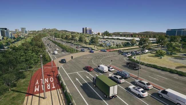 Artist impression showing how the tram will enter the Gold Coast Airport precinct. Picture: Department of Transport and Main Roads.