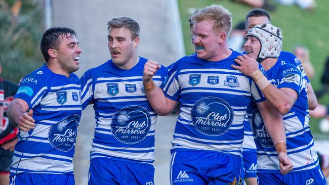 Butchers celebrate a Monty Raper try. Picture: Thomas Lisson