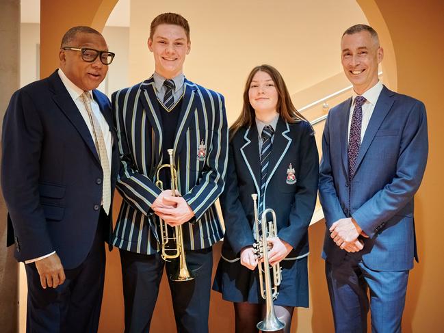 Wynton Marsalis, left, with Canberra Grammar School students James Biddington and Edie Hawke, with head of school Justin Garrick