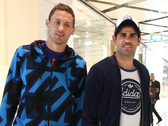 Chelsea FC players Nemanja Matic , Diego Costa and Branislav Ivanovic shop at Westfield at Pitt Street Mall in Sydney. Picture: Richard Dobson