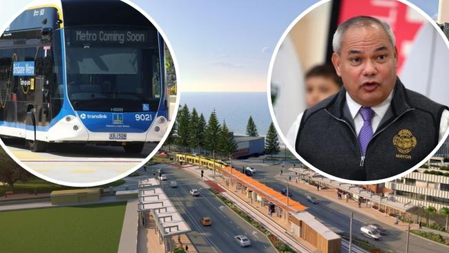 Gold Coast transport debate. Mayor Tom Tate open to looking at trams being replaced by buses from Burleigh to the border. Background picture is of the planned Burleigh light rail connection.