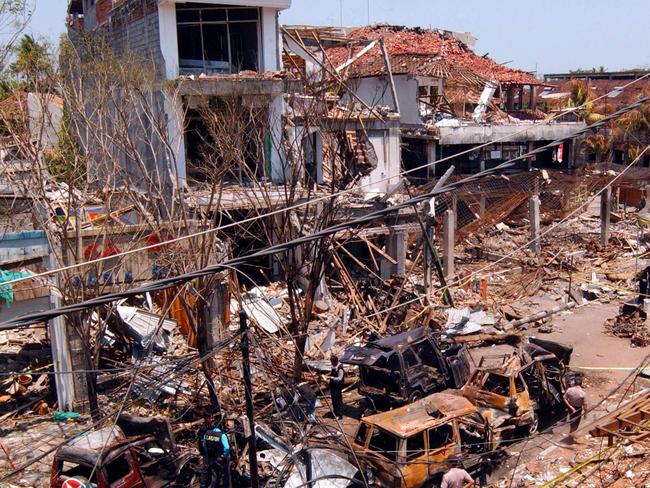 DENPASAR, BALI, INDONESIA - OCTOBER 16:  A view of the bomb blast site on October 16, 2002 in Denpasar, Bali, Indonesia. The blast occurred in the popular tourist area of Kuta on October 12, leaving more than 180 people dead and 132 injured, with the death toll expected to rise. (Photo by Edy Purnomo/Getty Images)