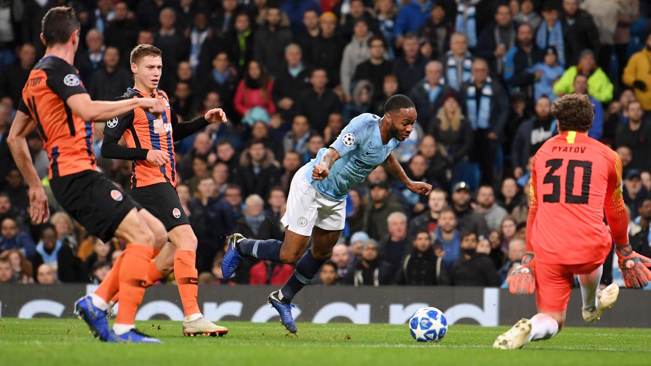 Raheem Sterling takes his embarrassing tumble to win the penalty. Picture: Getty