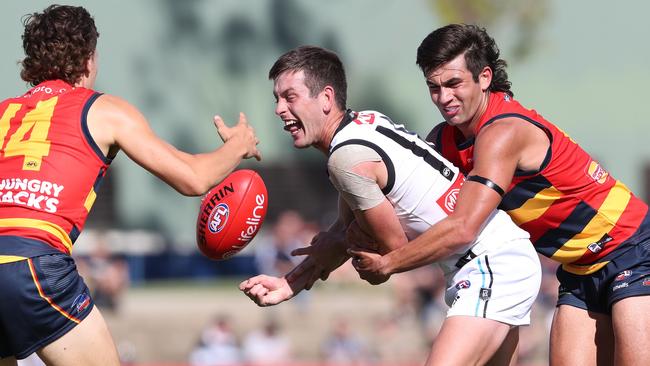 Zak Butters under pressure from Jake Soligo (left) and Josh Rachele. Picture: Sarah Reed/AFL Photos via Getty Images