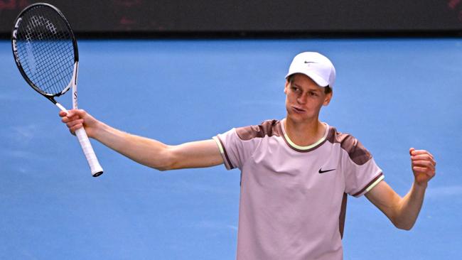 Italy’s Jannik Sinner celebrates his shock win over Serbia’s Novak Djokovic. Picture: AFP