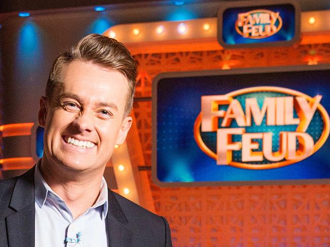 Grant Denyer's first day back on the set of Family Feud after his recent motor racing accident. Picture: Mark Stewart