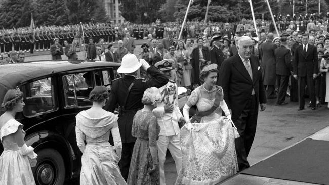 Queen Elizabeth II arrives at Parliament House and meets PM Robert Menzies for the opening of parliament. Picture: Fred Carew.