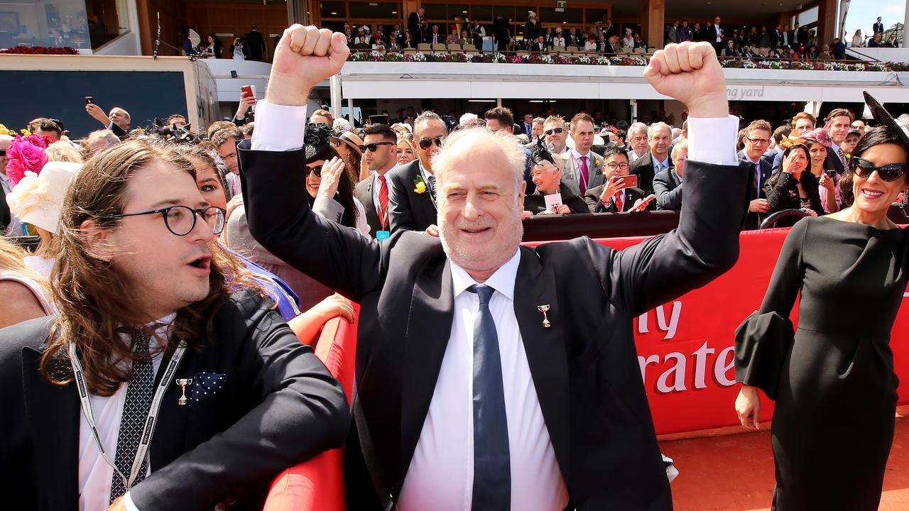 A part-owner of the winning horse 'Rekindling', Michael Gudinski celebrates his victory at the Melbourne Cup in 2017. Picture: Stuart McEvoy / The Australian.