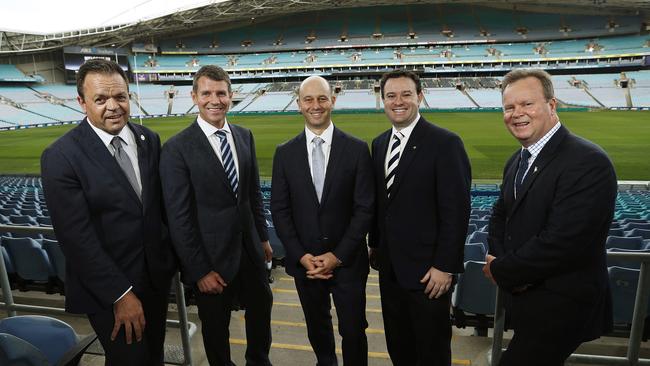 FFA Head of Corporate Affairs Kyle Patterson, Premier Mike Baird, NRL CEO Todd Greenberg, NSW Sports Minister Stuart Ayres and ARU CEO Bill Pulver at the announcement of the future development of ANZ Stadium. Picture. Phil Hillyard