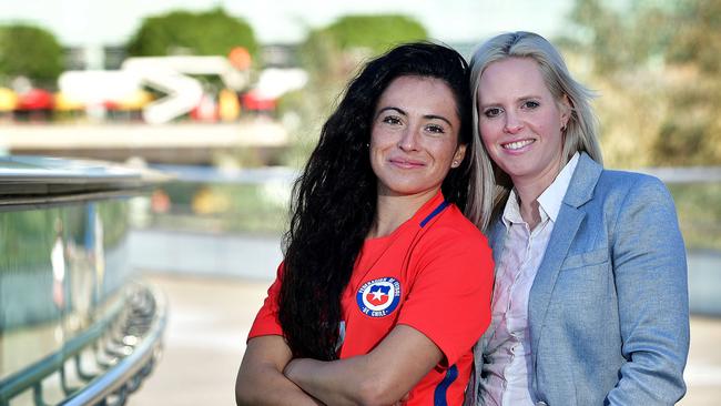 Chilean women's soccer star Maria Jose Rojas 'Cote' with partner Karlea Williams on the Riverbank Footbridge, where the two had their first date in 2015. Picture: Bianca De Marchi