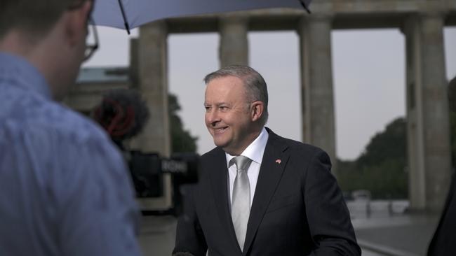 Anthony Albanese speaks to media in Berlin following the signing of a $1billion dollar defense deal with Germany. Picture: Jacquelin Magnay