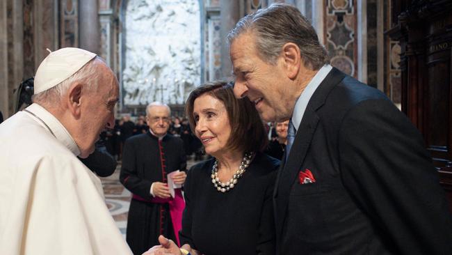 Pope Francis greets Nancy and Paul Francis Pelosi at Saint Peter's. Picture: Vatican media via AFP