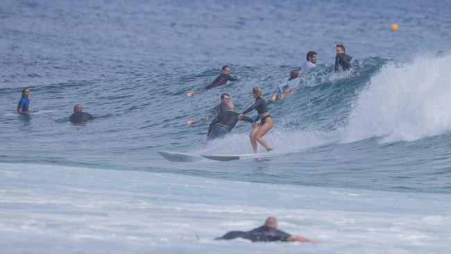 Surfers having to ride through other surfers as large swell brings large crowds to Snapper Rocks on Sunday 2 January 2022. Picture: Jerad Williams