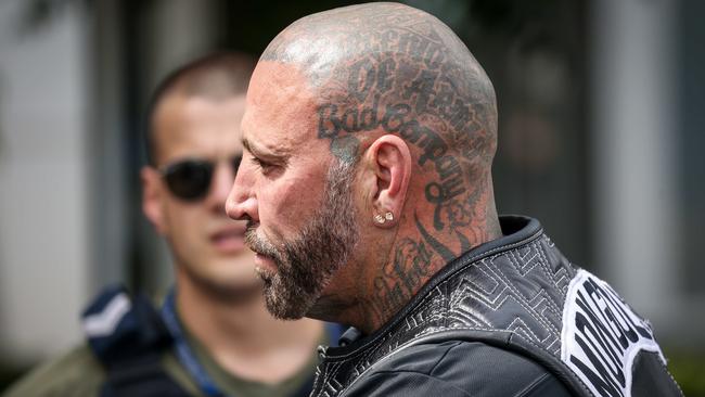 President of the Mongols bikie gang, Toby Mitchell in Port Melbourne after a rally from Bendigo.