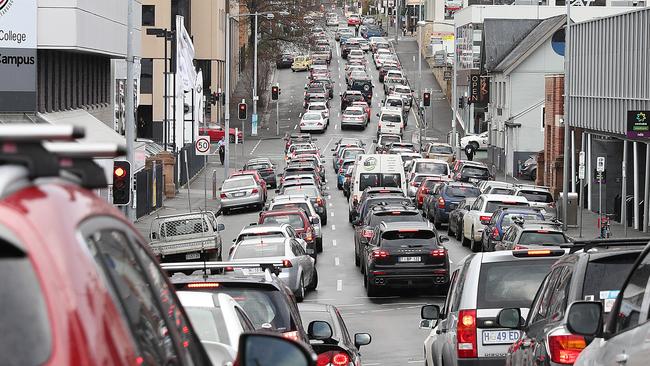 Traffic congestion in Barrack St, Hobart.