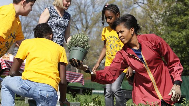 First lady Michelle Obama planted herbs in the White House Kitchen Garden with students from Bancroft Elementary School in Washington. (Pic: AP/Charles Dharapak)