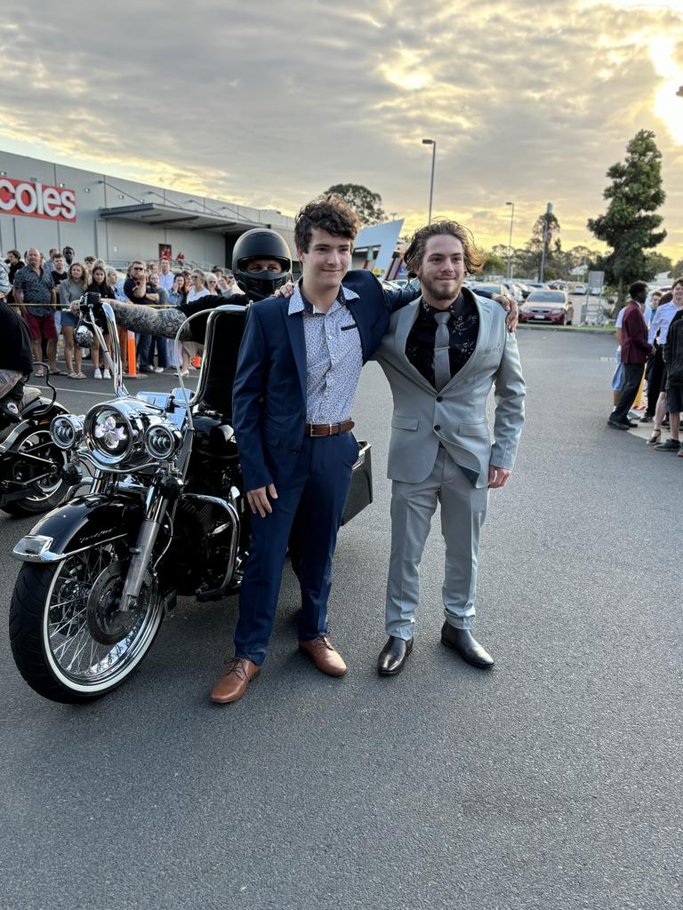 Brandon and Joseph Nerva arrive at the formal on Harley Davidson motorcycles.