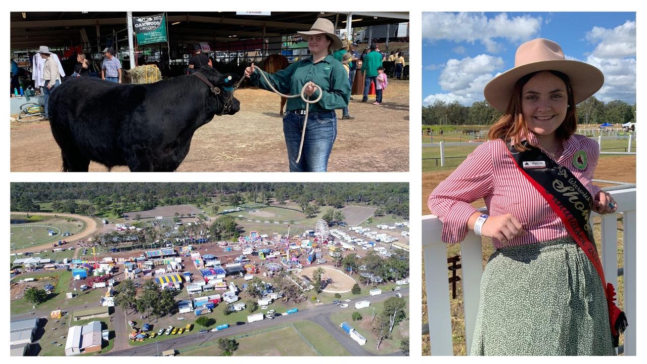 (Top right) Year 10 Riverside Christian College Student Charlotte Ravenscroft with a black limousin cow at the Fraser Coast Ag Show. (Left) Warwick 2021 Showgirl and Next Gen representative Matilda Sly. (Bottom Left) an aerial photo of the show grounds. Photos: Stuart Fast