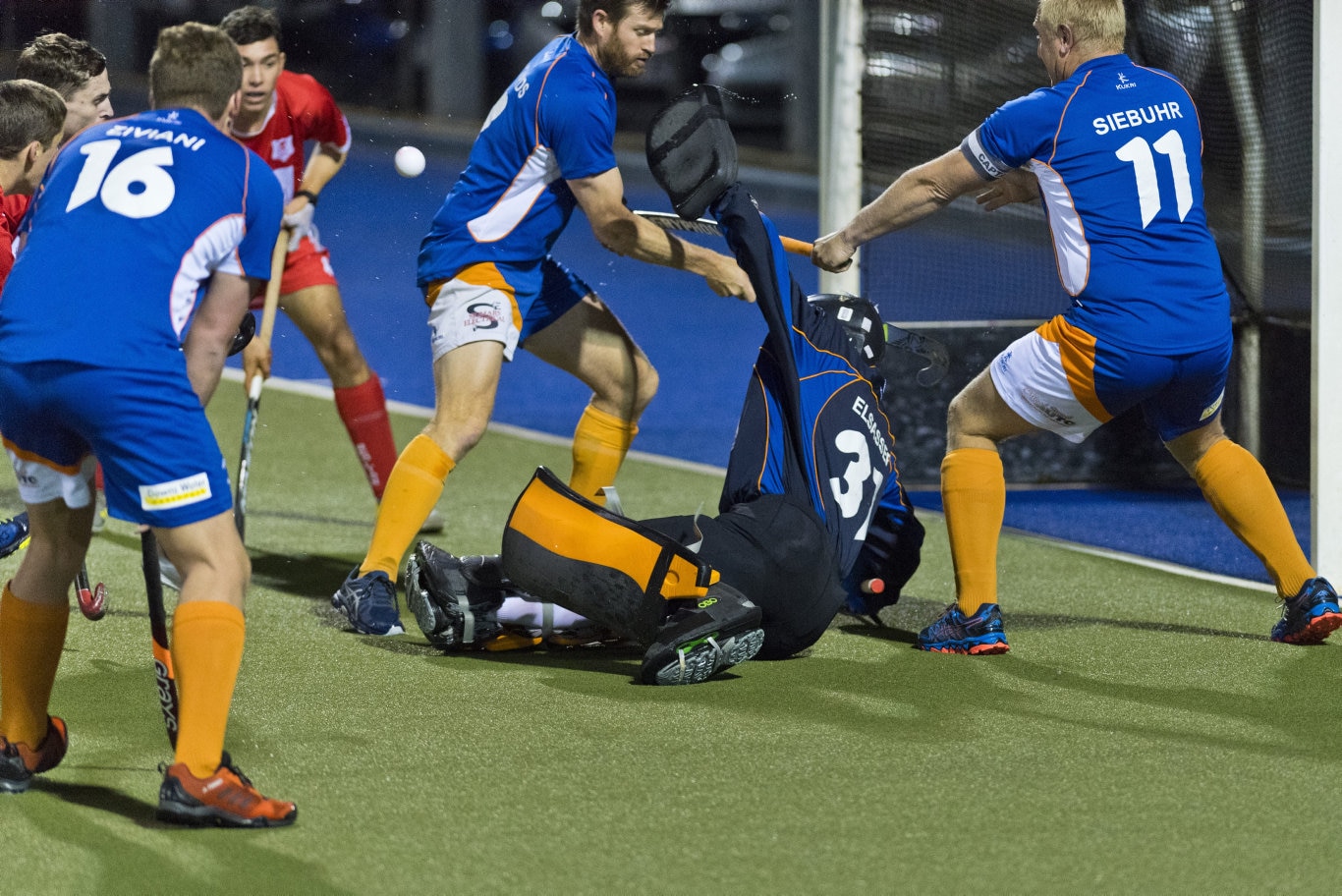 Newtown keeper Michael Elsasser defends against the Red Lion attack in Toowoomba Hockey COVID Cup men round four at Clyde Park, Friday, July 31, 2020. Picture: Kevin Farmer